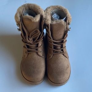 Nordstrom Girls Tan Suede Lace Up Faux Fur Boots